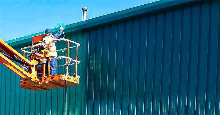 Sicon Group technician spray-coating an industrial building's cladding from an elevated platform