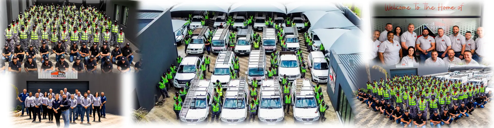 Collage of the Sicon Group on-site team in safety gear, the vehicle fleet with ladders, and management portraits — roofing across commercial, industrial and retail sectors