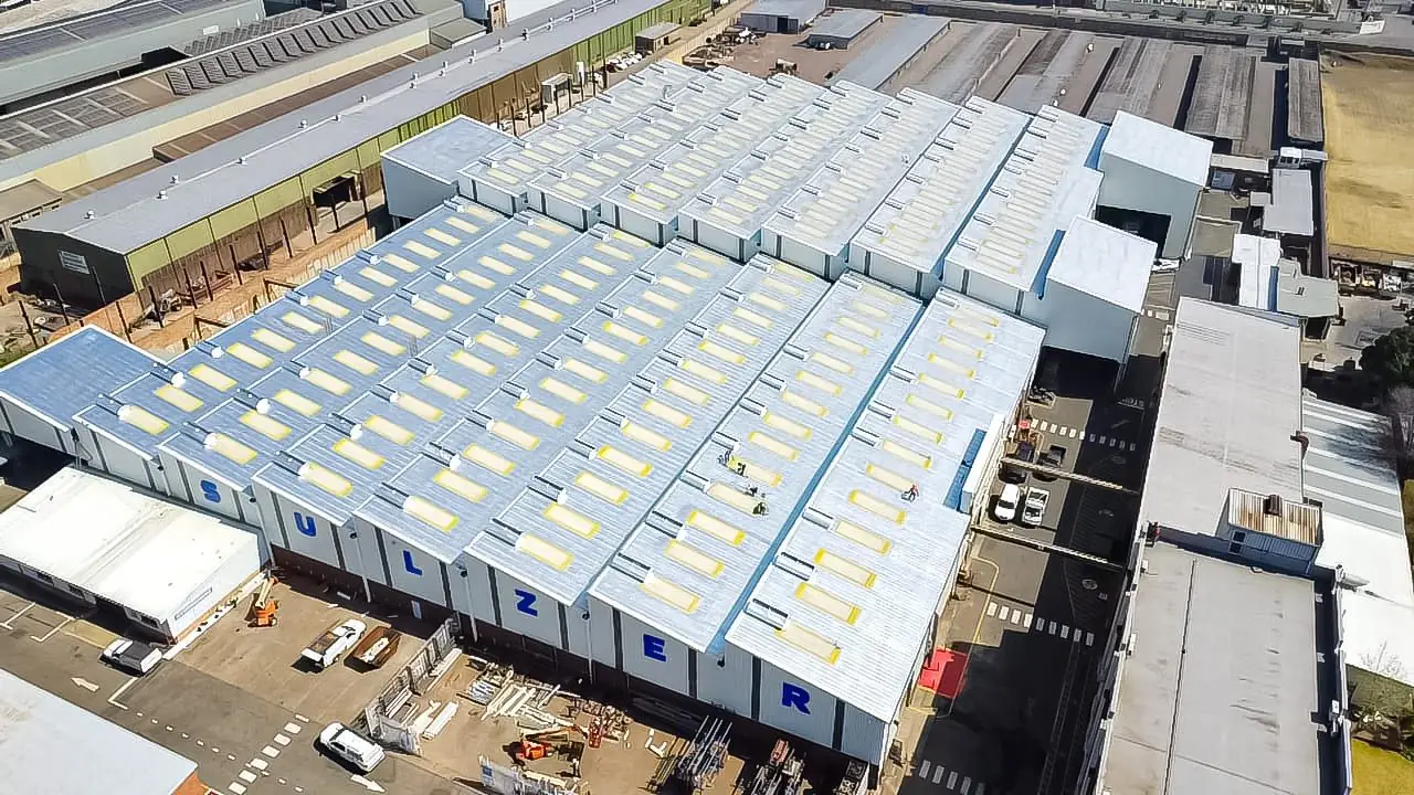 After: the fully restored Sulzer Pumps factory roof with new waterproofing and protective coating by Sicon Group, Johannesburg